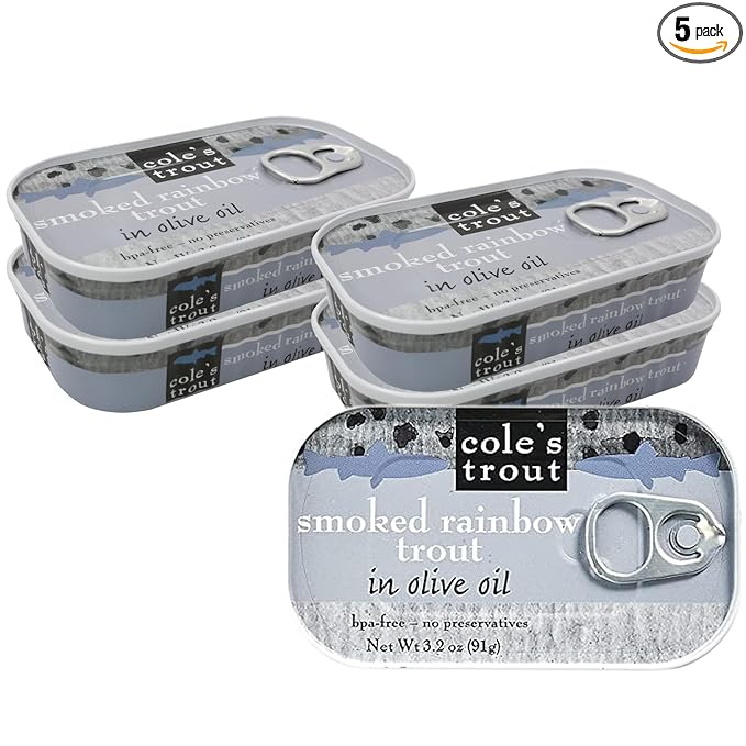 COLE?™S - Smoked Trout Fillet with Extra Virgin Olive Oil | 3.2oz Hand-Packed Canned Fish | High in Protein & Vitamin D | Preservative Free | Pack of 5