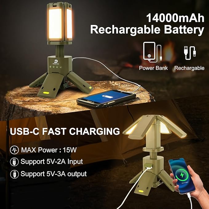 DUSKTEC Telescopic Camping Lights Rechargeable - 14000mAh Led Camping Lantern Up to 8000LM Outdoor Camping Light Portable Camping Light Dimmable Camping Lamp IPX7 Waterproof Camp Lights Multifunction