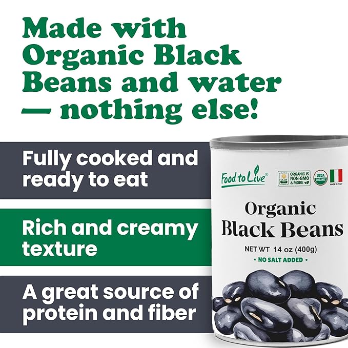Food to Live Organic Canned Black Beans, 14 oz (Pack of 8) - Unsalted Non-GMO Frijoles Negro. Perfect for Salads, Soups, Stews. Vegan. Made in Italy