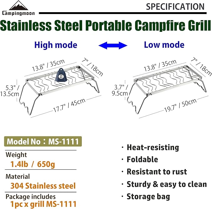 CAMPINGMOON Portable Folding Camping Campfire Grill over Fire Split Stoves 304 Stainless Steel (13.8?™’L (MS-1111))