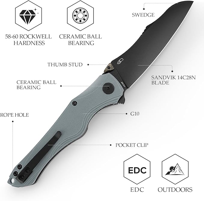Knives, EDC Folding Knife for Men, Flipper Pocket Knife with Clip, Sharp Camping Survival Hiking Knives, G10 Handle and Ti Thumb Studï½?.89'' PVD Blackwash 14C28N Blade｜Triton-03B