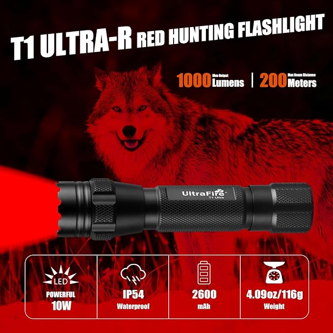 ULTRAFIRE Tactical Red Flashlight, 620nm-630nm High Purity Red LED Hunting Light,Super Bright 218 Yards Long Range Single Mode for Night Observation & Coyote Hog Predator (T1 Ultra-R)