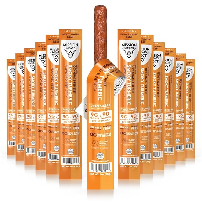 Mission Meats Beef Sticks – 100% Grass Fed & Pasture Raised, Sugar Free, Individually Wrapped Healthy Snacks, Whole 30 & Paleo Friendly, Smoky Turmeric 1oz (Pack of 12)