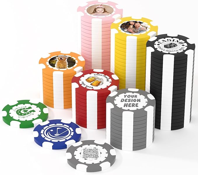 25 Custom Clay Poker Chips, 40mm Heavy 11.5g Casino Sized Personalized Poker Chips with Your Logo, Image or Text, Custom Drink Tokens for Bar, Party, Tournaments, Golf Club or Events
