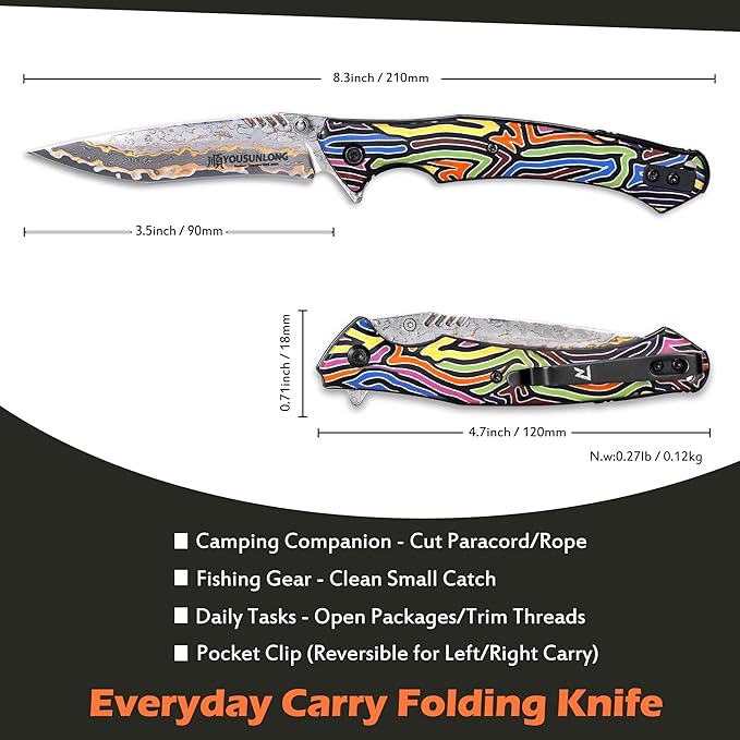 YOUSUNLONG Pocket Folding Camping Knife - CuMai Damascus Steel Blade - Multicolored G10 Handle Cover