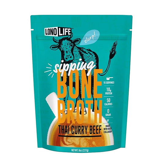 LonoLife Thai Curry Beef Bone Broth Powder Mix | Grass-Fed, 10g Protein | Collagen-Rich, Keto & Paleo Friendly | Natural Ingredients | 8oz Bulk Container (15 Servings)