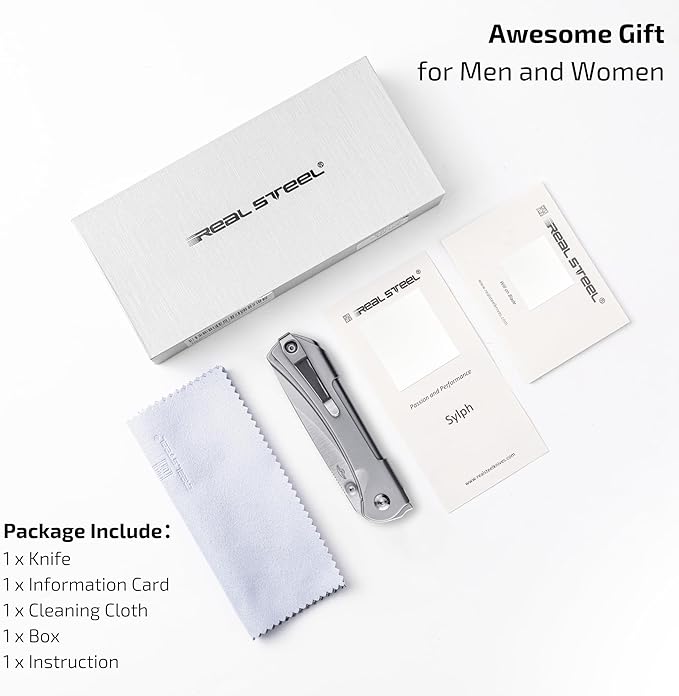 REALSTEEL SYLPH Folding Pocket Knife, Liner Lock, 3.07" Nitro-V Steel Satin Plain Blade, Thumb Stud, Double Bending Steel Handle, 3.35oz, Deep-carry Pocket Clip, EDC Outdoor Indoor, Gifts for Men Women Camping Hiking Climbing (Silver)