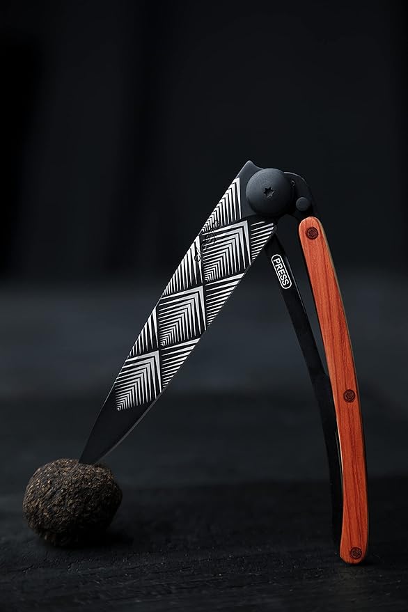 deejo - 0.9 OZ, Black Titanium, Coral Wood, Art Déco - Ultra-Light Folding Pocket Knife with a Belt Clip - Z40C13 Stainless Steel