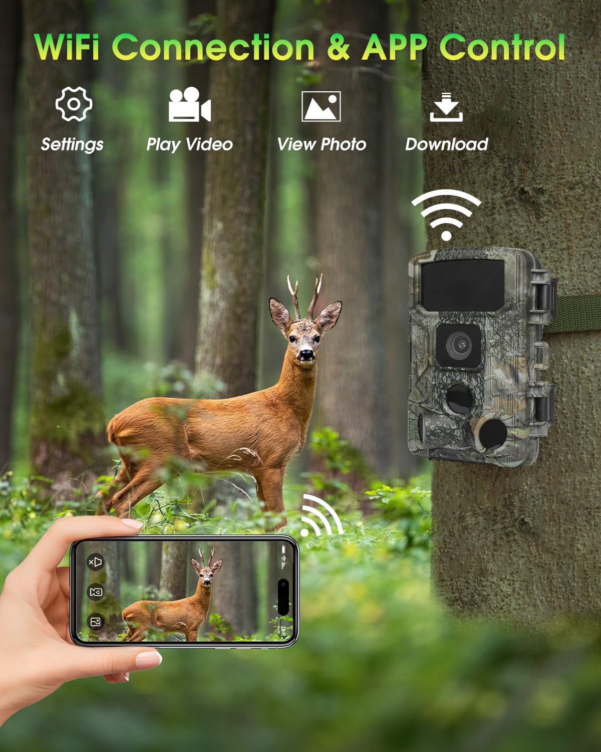 KJK Trail Camera 4K 64MP WiFi Bluetooth Game Camera, Night Vision Wildlife Hunting Camera, 0.1s