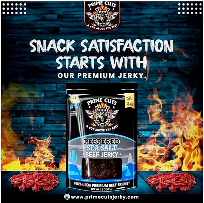 Prime Cuts Peppered Sea Salt Beef Jerky | USDA Prime Brisket | Classic Black Pepper and Sea Salt Flavor | High-Protein, Low-Fat Snack | No Artificial Ingredients | Perfect Anytime