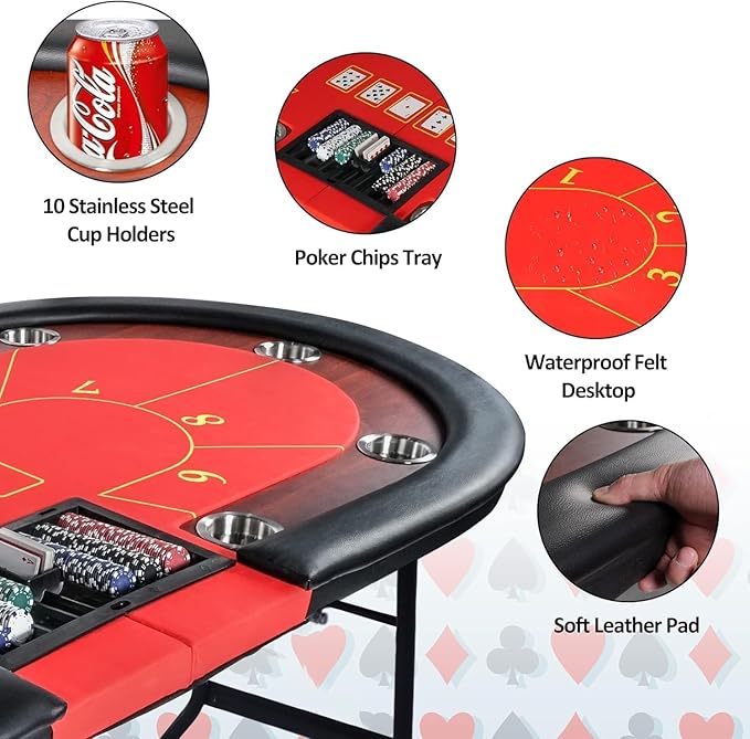 Premium 84" Oval Folding Poker Table – 10-Player Texas Hold’em with Cushioned Rails, Stainless Steel Cup Holders, Chips Tray, and Felt Surface for Blackjack and Casino Games (Red)