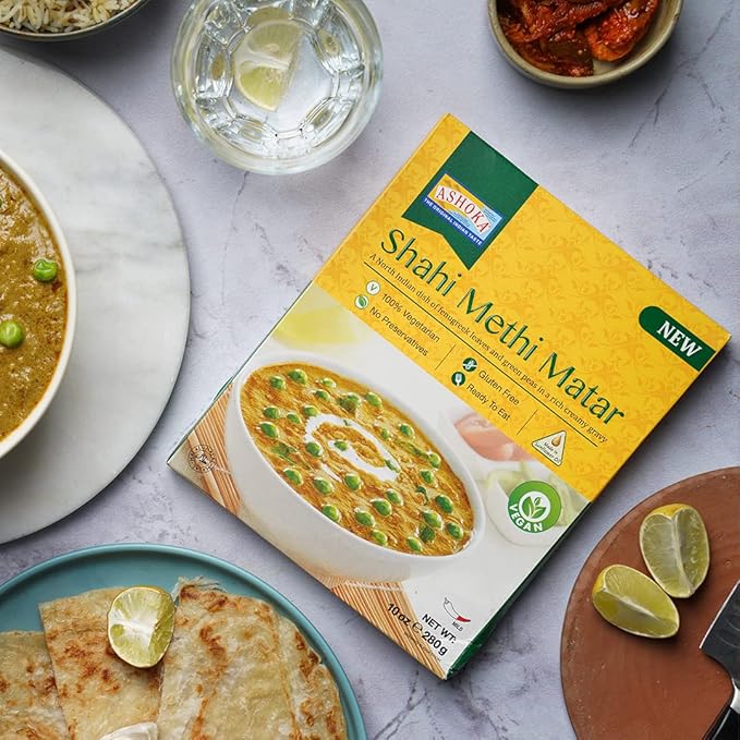Ashoka Ready to Heat Vegan Curries 1932, Fenugreek Leaves & Green Peas, All-Natural Curry, Shahi Methi Matar, Kosher Certified, Camping Friendly Indian Food, Gluten-Free, No Preservatives, Pack of 5