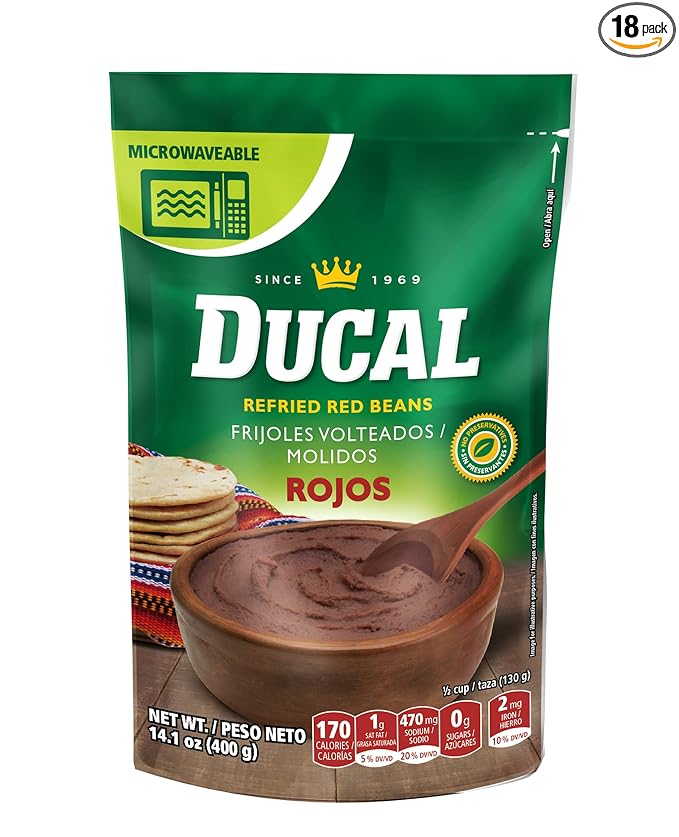 Ducal Refried Red Beans Pouch - Instant Vegetarian Refried Red Beans, Non-GMO And Gluten-Free - Excellent Source in Protein And Iron, Cholesterol Free, 14.1 Ounce (Pack of 18)