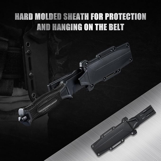 10" Fixed Blade Tactical Knives with Sheath and Clip, Stainless Steel Survival Hunting Bushcraft Full Tang Non-Slip Handle Knife for Camping, Hunting, Adventure, Outdoors, EDC, Black