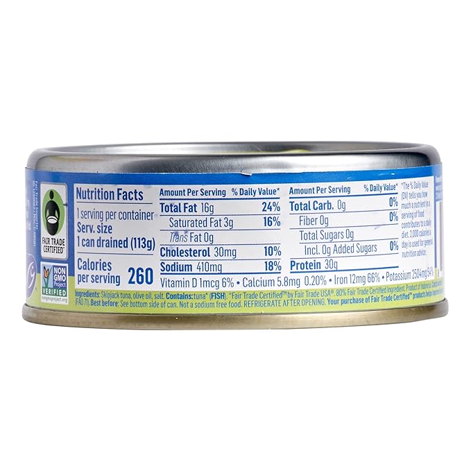 Sea Tales Solid Light Skipjack Canned Tuna in Olive Oil - 100% Pole & Line Wild Sustainably Caught - Fair Trade Certified - High Protein Food - Keto Friendly - 5 oz. Cans (Pack of 12)