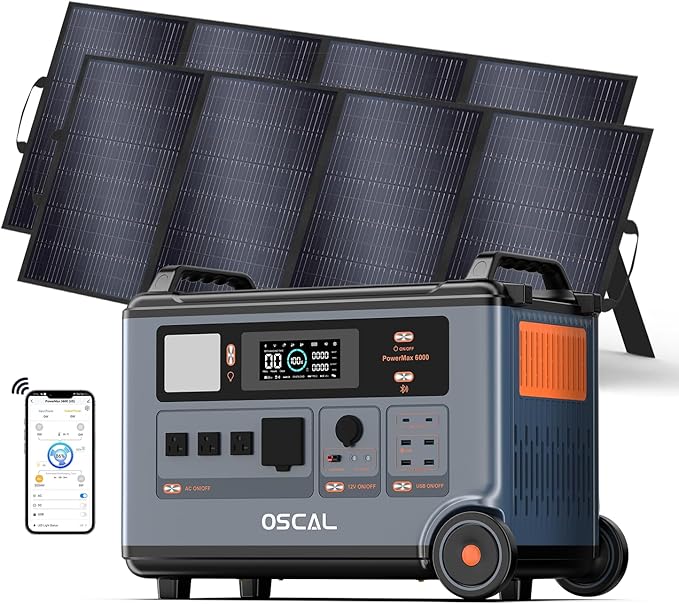 OSCAL Solar Generator 3600Wh PowerMax 6000 with 2X400W Portable Solar Panel, 120V/240V Power Station 6000W AC Outlets (7200W Peak), 2200W AC Charging/2400W Solar Charging, Home Battery Backup