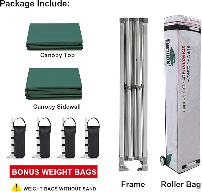 Eurmax USA 10'x10' Pop-up Canopy Tent Commercial Instant Canopies with 4 Removable Zipper End Side Walls and Roller Bag, Bonus 4 SandBags(Forest Green)
