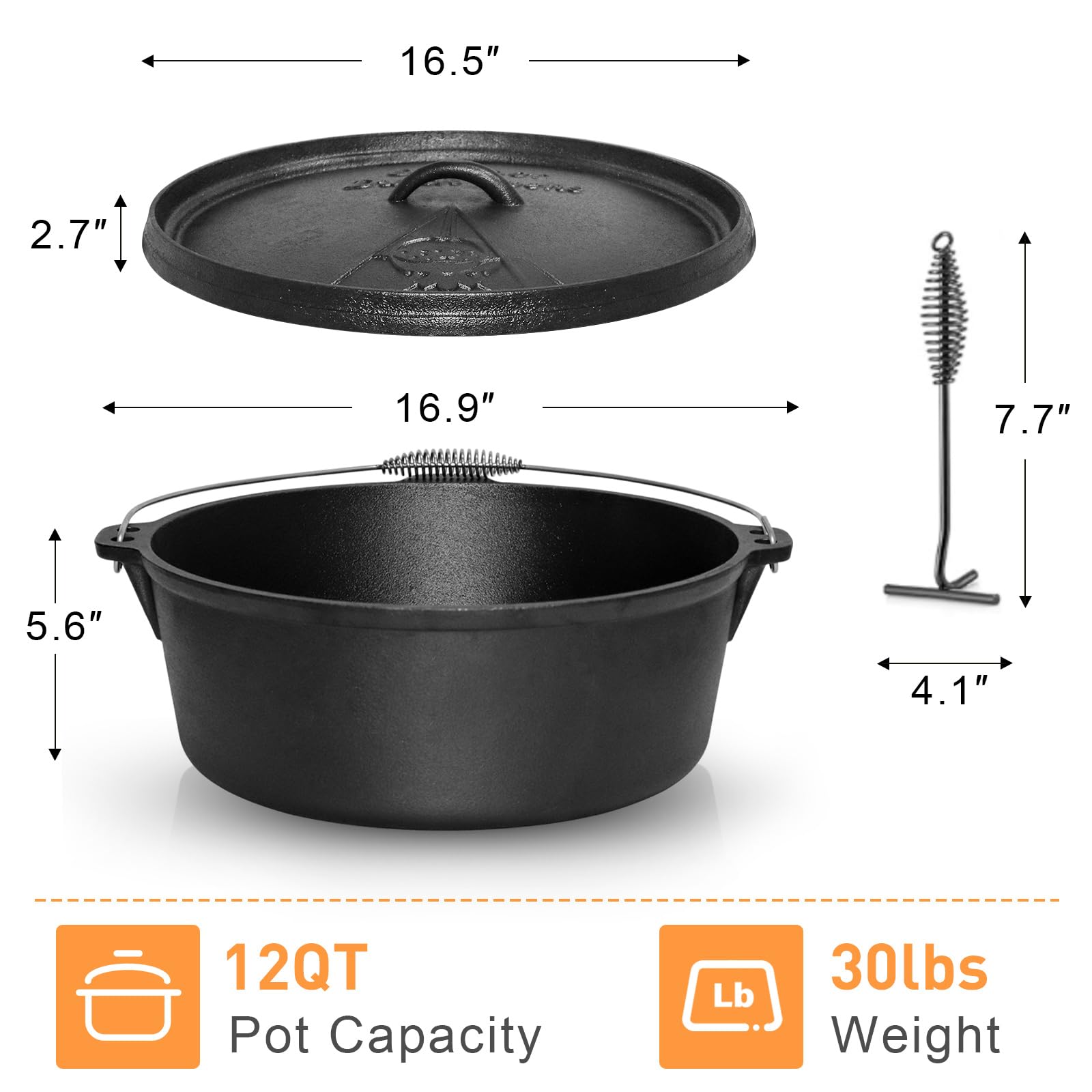 NSIRONS Camping Dutch Oven,12 Qt Pre-Seasoned Cast Iron Camp Dutch Oven Pot with Lid - Lid Lifter