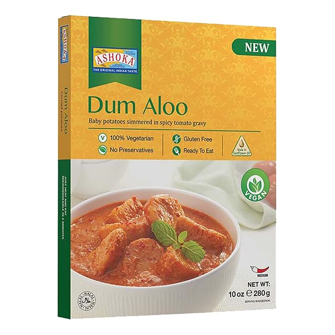 Ashoka Real Indian Meals 1932, Vegan Potato Curry, Ready to Eat Dum Aloo, All-Natural Instant Meals, Healthy Work Lunch, Kosher Certified, Gluten-Free, and with No Preservatives, Pack of 1