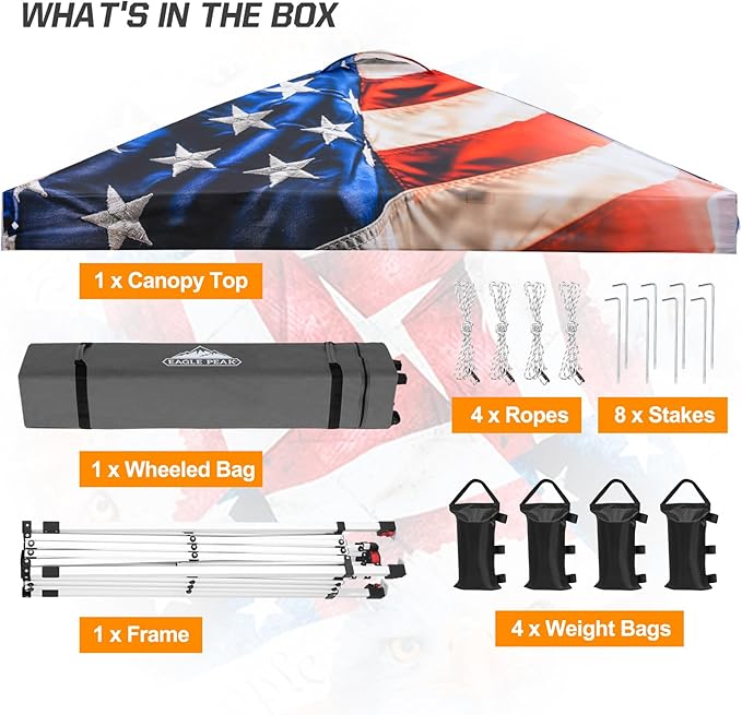 EAGLE PEAK Pop Up Canopy Tent with Wheeled Carry Bag, 8 Stakes, 4 Ropes, 4 Weight Bags, Easy Set Up Tent Canopy, 10x10 ft, 100sqft of Shade, Stars and Stripes