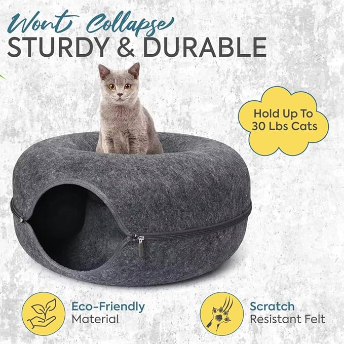 Laluz 2021 Large Cat Tunnel Bed for Indoor Cats Up to 30 Lbs Peekaboo Donut Cave with Catnip and Plush Toys Scratch Resistant Felt Design Detachable and Washable Cat Tunnel (Dark Grey, L)