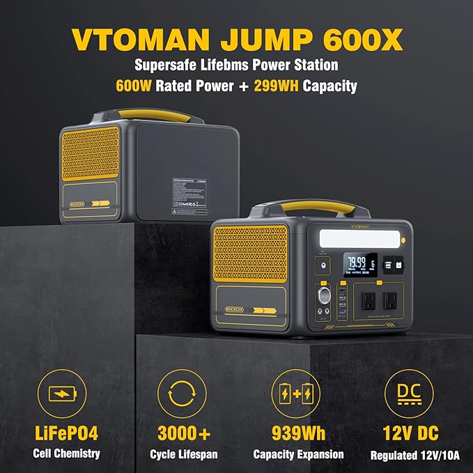 VTOMAN Jump 600X Portable Power Station with 110W Solar Panel, 600W/299Wh LiFePO4 Battery Solar Generator, 1200W AC Outlet, PD 60W USB-C, 3x Regulated 12V/10A DC for RV, Outdoor Camping, Home Backup