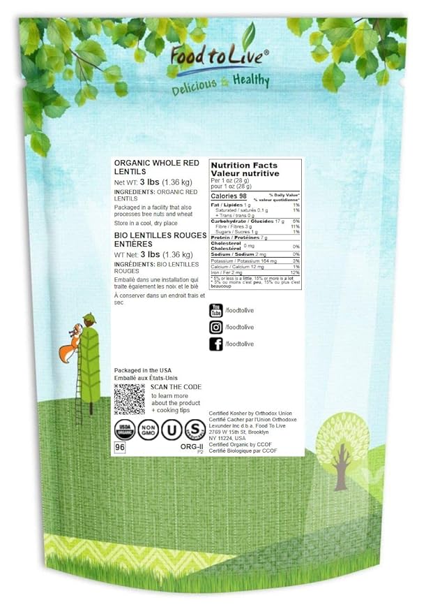 Food to Live Organic Whole Red Lentils, 3 Pounds Non-GMO, Dry Raw Lentils, Sproutable, Vegan, Kosher, Bulk. Easy to Cook. Good Source of Folate, Fiber, and Protein. For Lentil Soup, Stews, and Curry