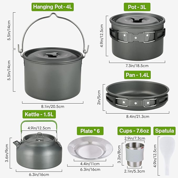 MEETSUN Camping Cookware Set - 37 PCs, Large Size Hanging Pot with Camping Pots and Pans, Camp Cooking Set for 6 People, Mess Kit with Cups, Dishes, Forks, Spoons, Knives for Outdoor Picnic