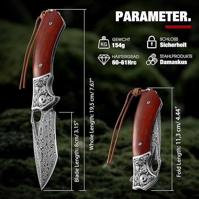 Damascus Steel Folding Pocket Knife with VG10 Core, Wooden Handle & Leather Sheath, Outdoor Knife and Gift for Collectors, Knife Lovers, and Enthusiasts