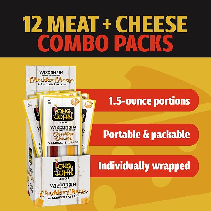 Long John Snacks Meat and Cheese Sticks - Spicy Smoked Sausage & Real Wisconsin Spicy Pepper Jack Cheese Stick - High Protein Snacks Made from Premium USA Pork & Beef - Low Carb, Keto Snack - 12 Pack