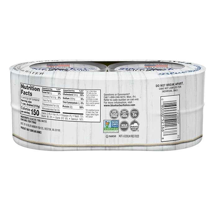 Blue Harbor Fish Co. Wild Albacore Solid White Tuna in Water, No Salt Added - 4.6 oz Canned Tuna (Pack of 4)