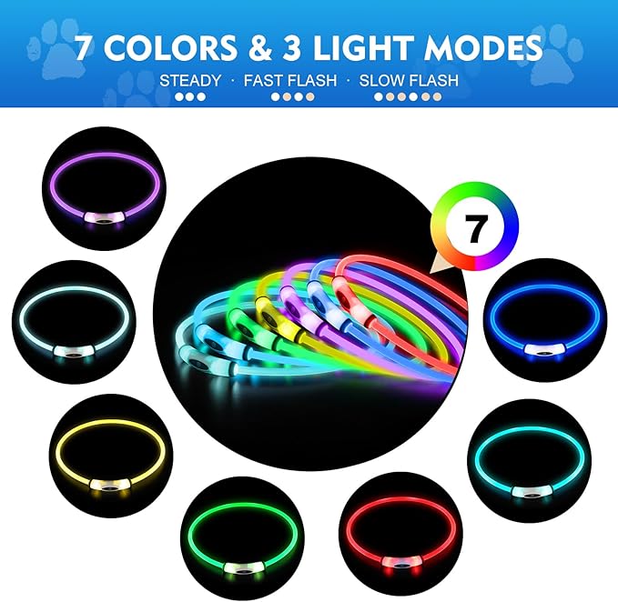 Lighted Dog Collar, Rechargeable 7 Colors Changing Light Up Dog Collar, IP67 Waterproof LED Collar Glow in The Dark, Make Pet Visible and Safety for Night Walking,Outdoor, for All Dogs