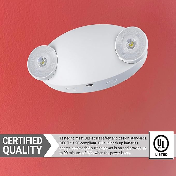 Diodesy- LED Emergency Light Fixture 2 Head Adjustable 90-Min Battery Backup 2W 6500K Daylight 200LM Commercial Fire-Resistant Wall/Ceiling Mount for Business Power Failure Outage Exit Sign 120-277V