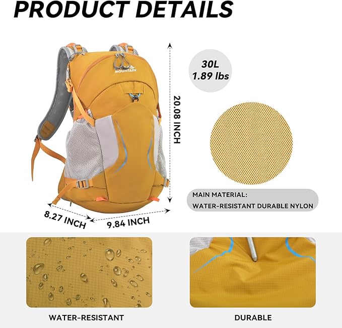 30L Hiking Backpack Lightweight Waterproof and Durable Backpack with Ventilated Sweat-Wicking Internal Frame Daypack for Men and Women Camping Travel and Outdoor Adventures,Yellow
