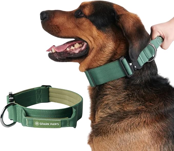 Spark Paws Tactical Dog Collar - Heavy Duty, Premium Quality, Thick and Durable for Large and Medium Dogs - Solid Green - S