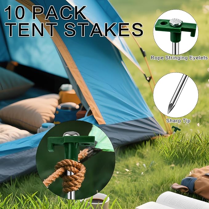10 Pack Tent Stakes - 9.75 Inch Galvanized Non-Rust Ground Stakes Heavy Duty Canopy Anchors Metal Tent Pegs for Camping, Garden, Hiking, Green