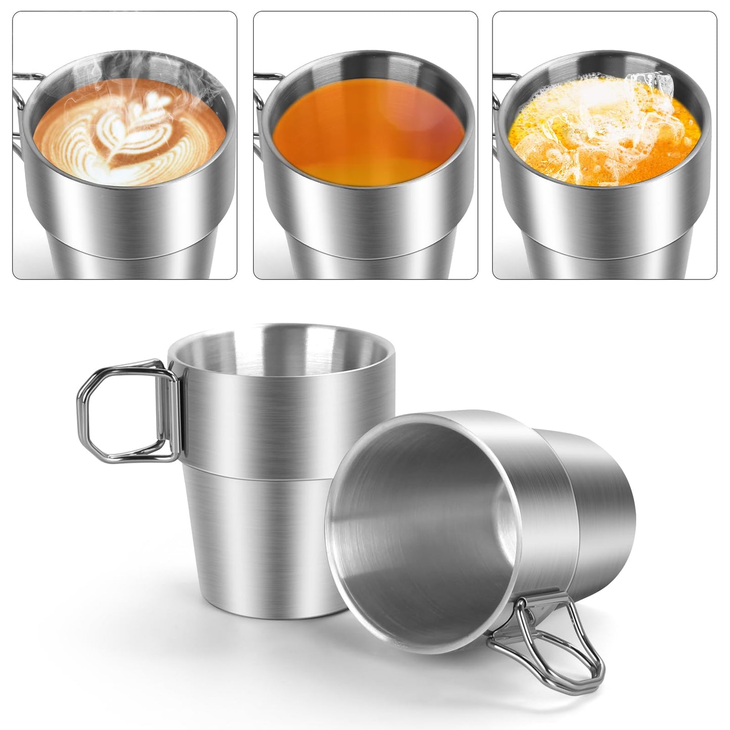 Ftabernam 4-Pack Stainless Steel Camping Cups with Foldable Handle, 10 oz Camping Coffee Mugs with