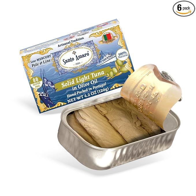 Santo Amaro - Artisanal Wild Tuna Fillets in Virgin Olive Oil, Hand-Packed Canned Tuna from Portugal, Atlantic Natural Tuna, Pole & Line Skipjack Tuna Canned, Low Mercury, 22g Protein Keto, Pack of 6