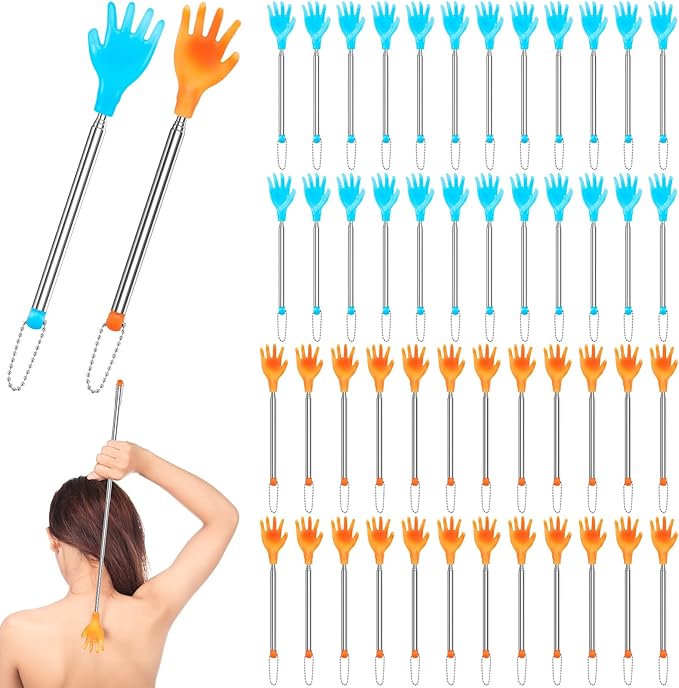 Tioncy 50 Pcs Extendable Back Scratcher Bulk Hand Shaped Retractable Scratcher Telescoping Massage Tool for Men Women Gifts Reducing Back Itching, Yellow and Blue