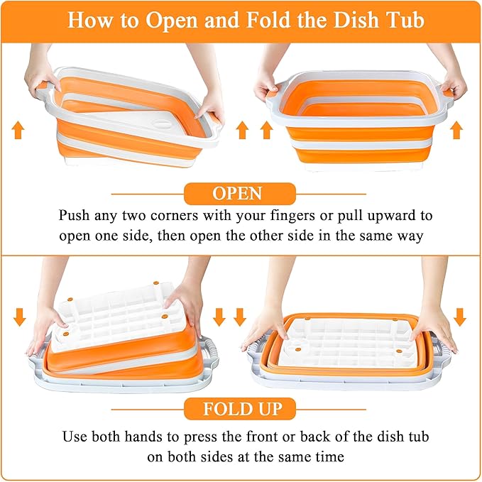 Collapsible BBQ Prep Tubs with Lids, Grill Cutting Board, Camping Sink with Drainage Hole for Meal Prep, Fruit Wash and Food Storage, Marinating Container, 30L Orange Tub 24"