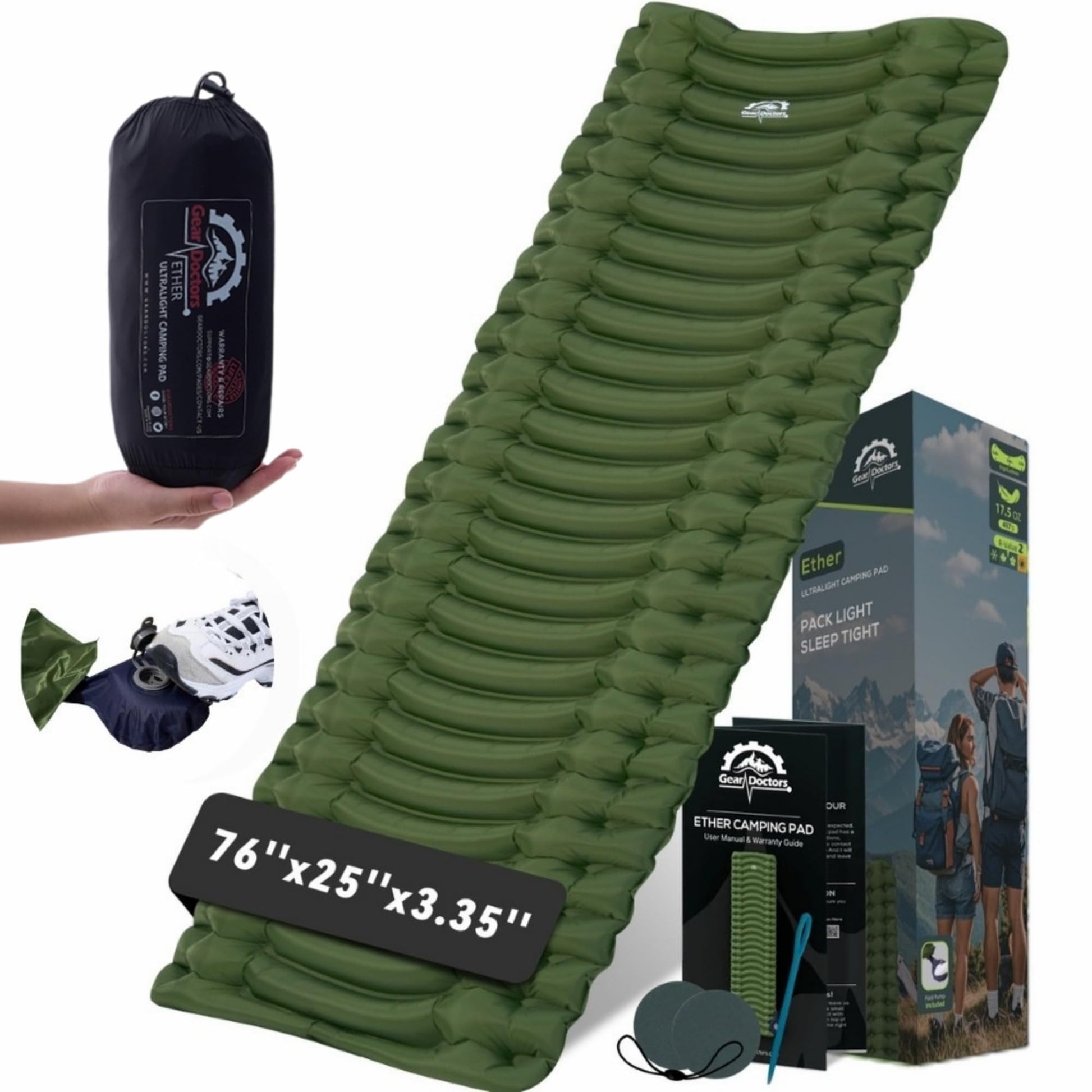 Gear Doctors® Ether 17.5oz Ultralight Camping Sleeping Pad – Backpacking Air Mattress – Camping