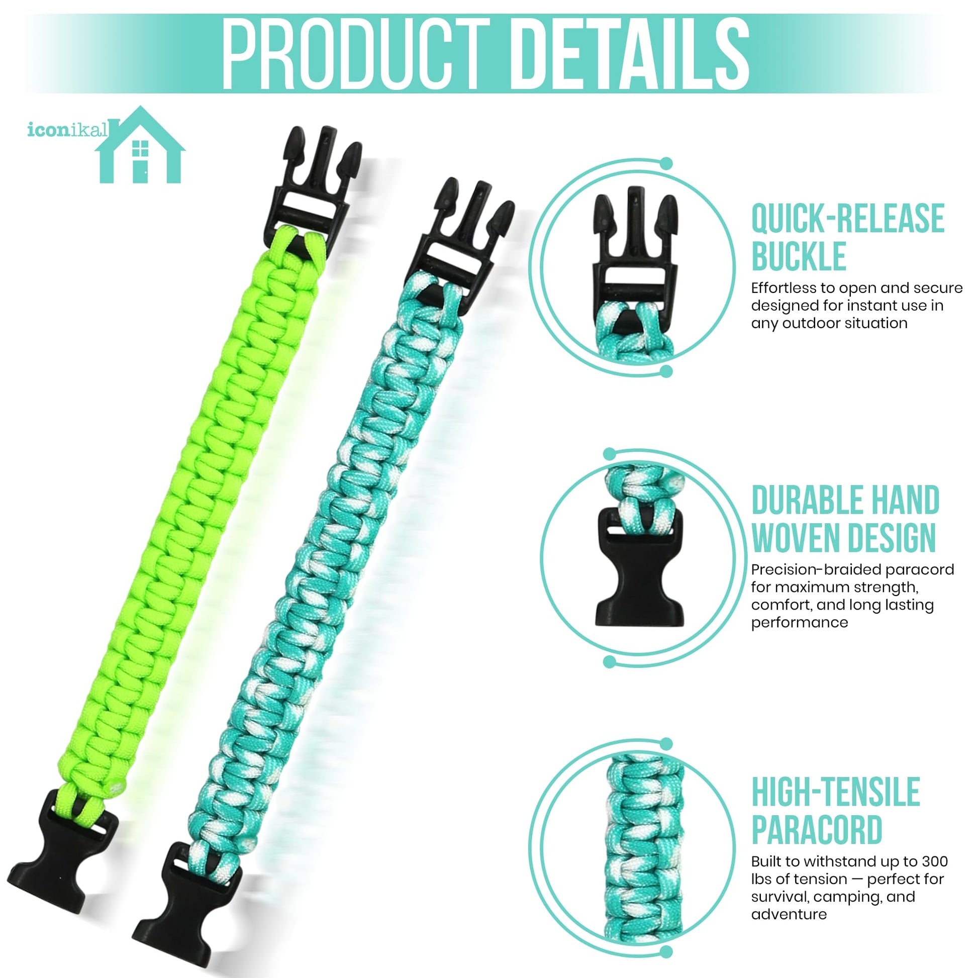 Iconikal 12-Pack Paracord Survival Bracelets Quick-Release Clip
