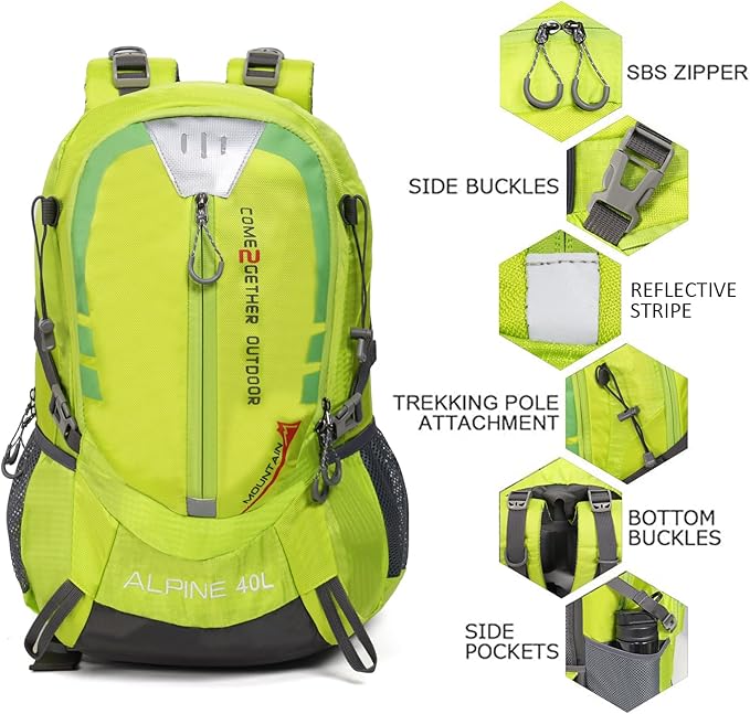 Hiking Backpack Camping 40L Outdoor Daypack Lightweight Travel Backpack with Rain Cover for Women Men (Green)