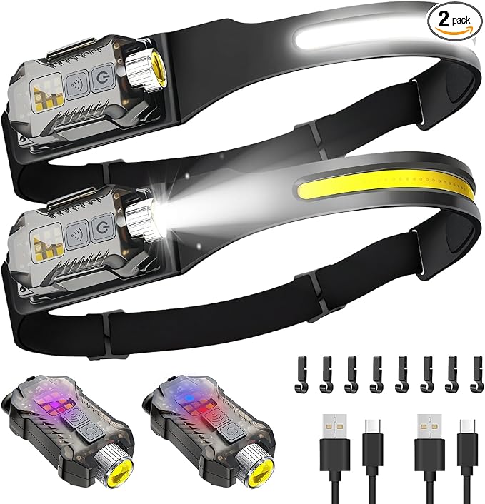 Victoper Rechargeable Headlamp 2Pack, Detachable 230° Wide Beam LED 2in1 Head Lamp with Motion Sensor, Hard Hat Headlight for Adults, 9 Modes Head Lights for Running Hunting Camping Essentials Gear