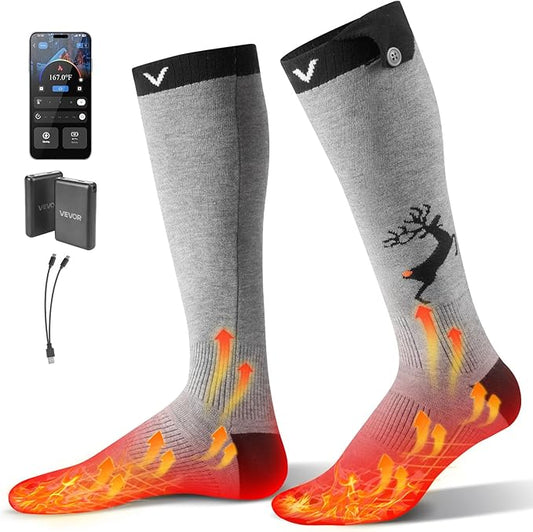 VEVOR Heated Socks, 6000mAh Battery Powered, Rechargeable Heating Socks with 4 Heating Levels, Electric Heated Sock with APP Control for Men Women, Foot Warmer for Hunting Riding Camping Hiking