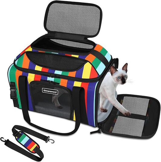 17x11x9.5 Inches Top-Expandable Pet Carrier Alaska Airline Approved, Soft Sided Carrier for Small Dog, Cat with 5-Sides Mesh Windows and Locking Safety Zippers(Rainbow)