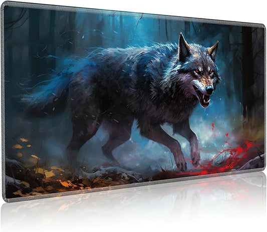 Playmat for MTG, 24 x 14 inches Game Play Mat for MTG TCG and Other Card Games, Trading Card Game Play Mat Desk Mats with Stitched Edges Non-Slip Base, Fierce Wolf