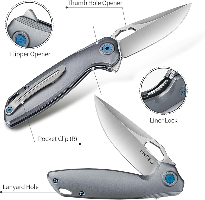 FINTISO Pocket Knife 3.38" Folding Knife Premium 14C28N Blade with 6061 Aluminum Alloy Handle, Camping Survival Hiking Knife, Best Gift for Men Women, Atlas Series