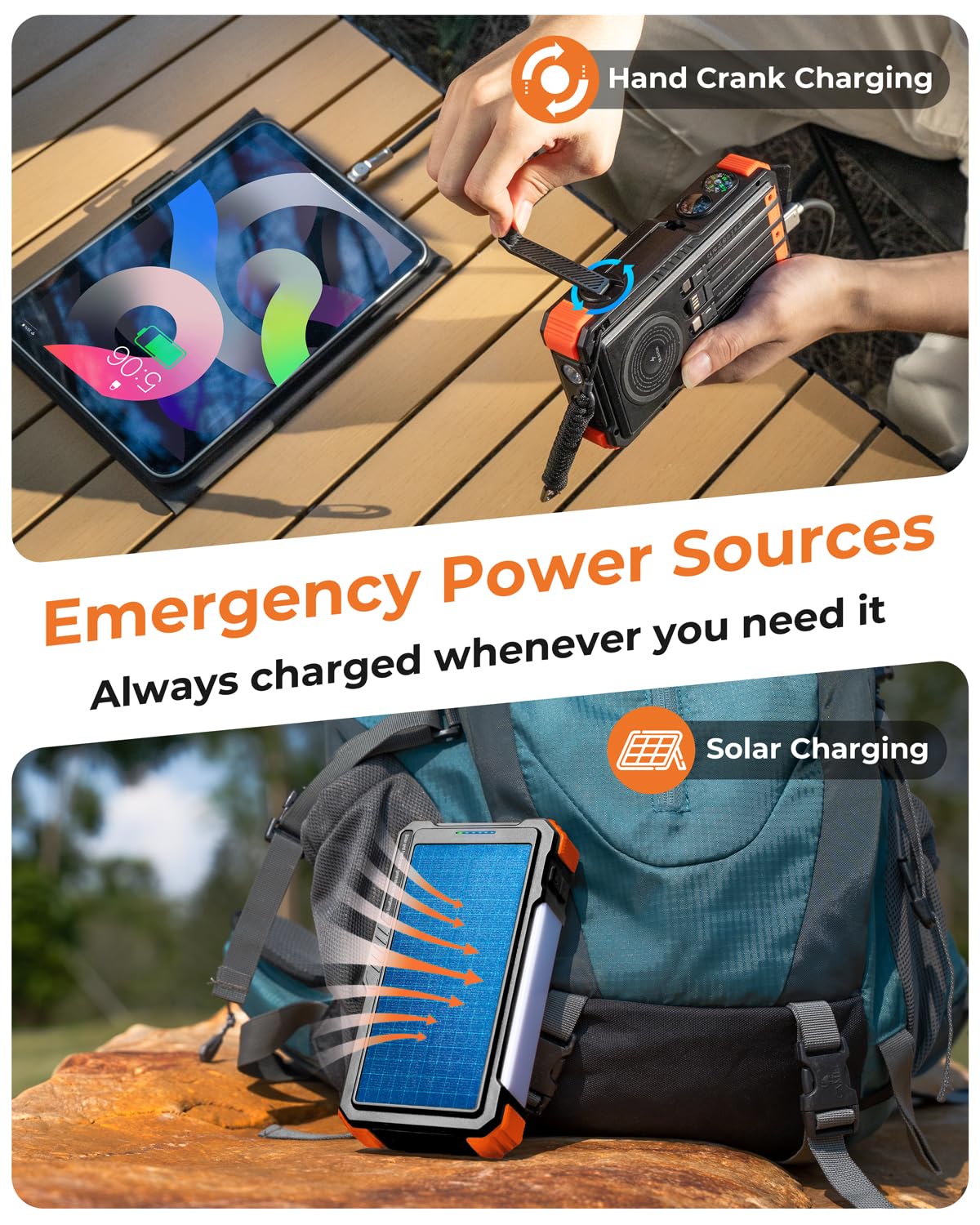 BLAVOR Solar Power Bank with Hand Crank and 4 Cables, 20000mAh Wireless Portable Charger with USB C