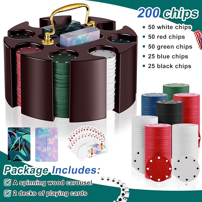 Wettarn Poker Chips Poker Set, 200 Count Rotating Chip Case Wood Carousel Case Holder with 200 Pcs Chips and 2 Decks of Playing Cards for Casino Party Supplies Family Game Accessory